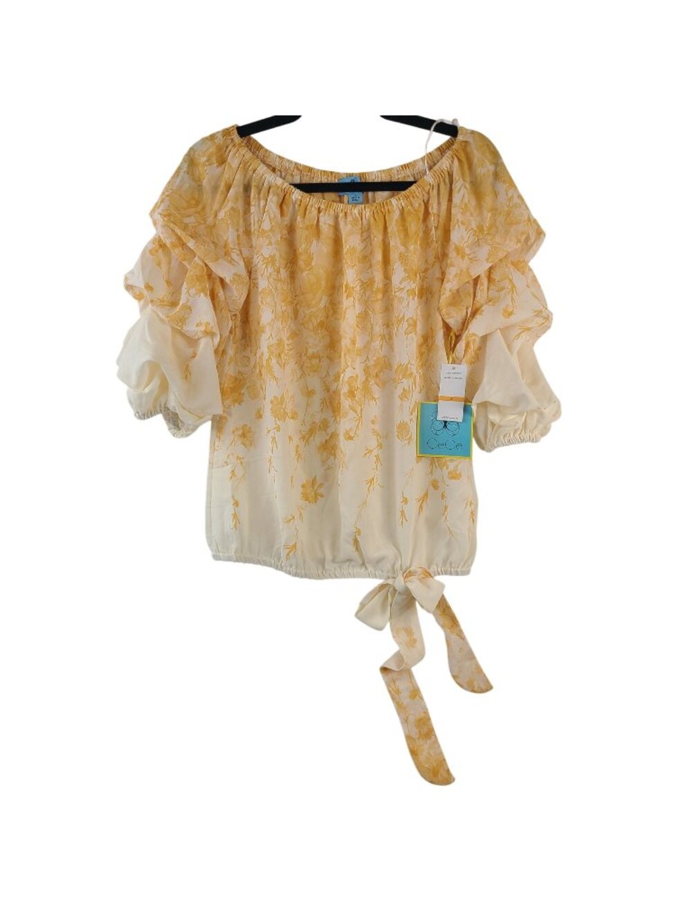 CeCe Yellow Floral Off-Shoulder Blouse With Ruffle Sleeves & Tie Hem Womens Sz S